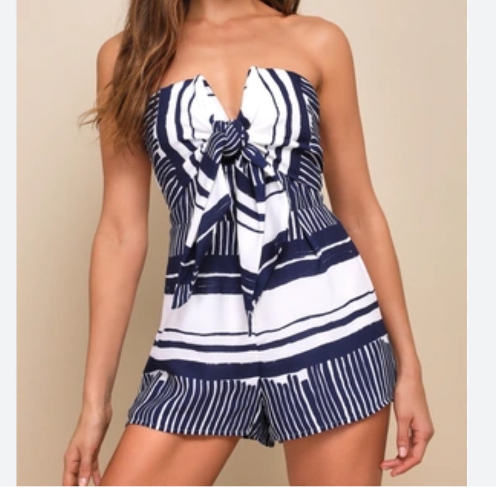 Structured navy and white tie romper